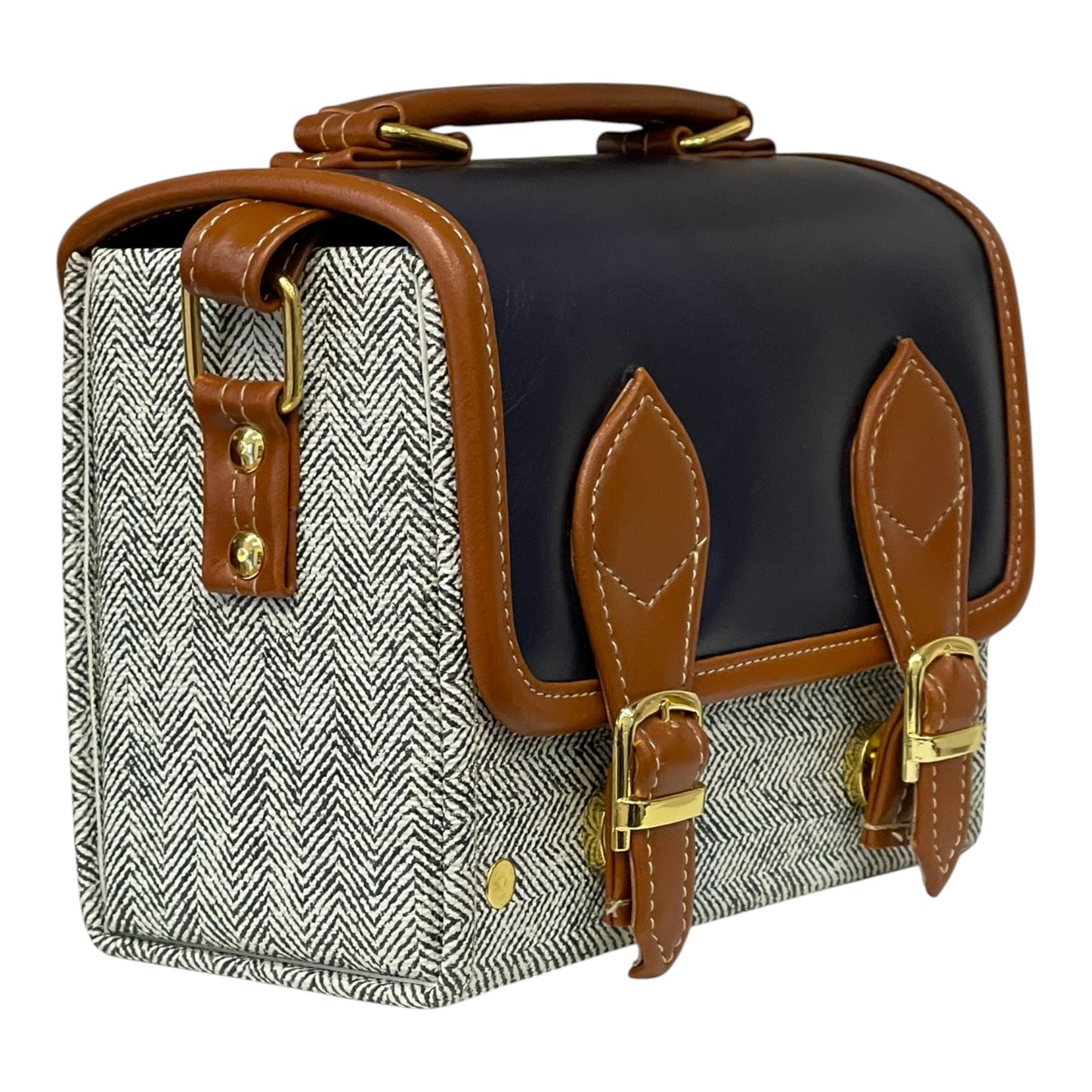 Handmade Vegan Leather Satchel – Navy & Tan with Herringbone Fabric | Elegant Crossbody Bag 21x14x9 cm