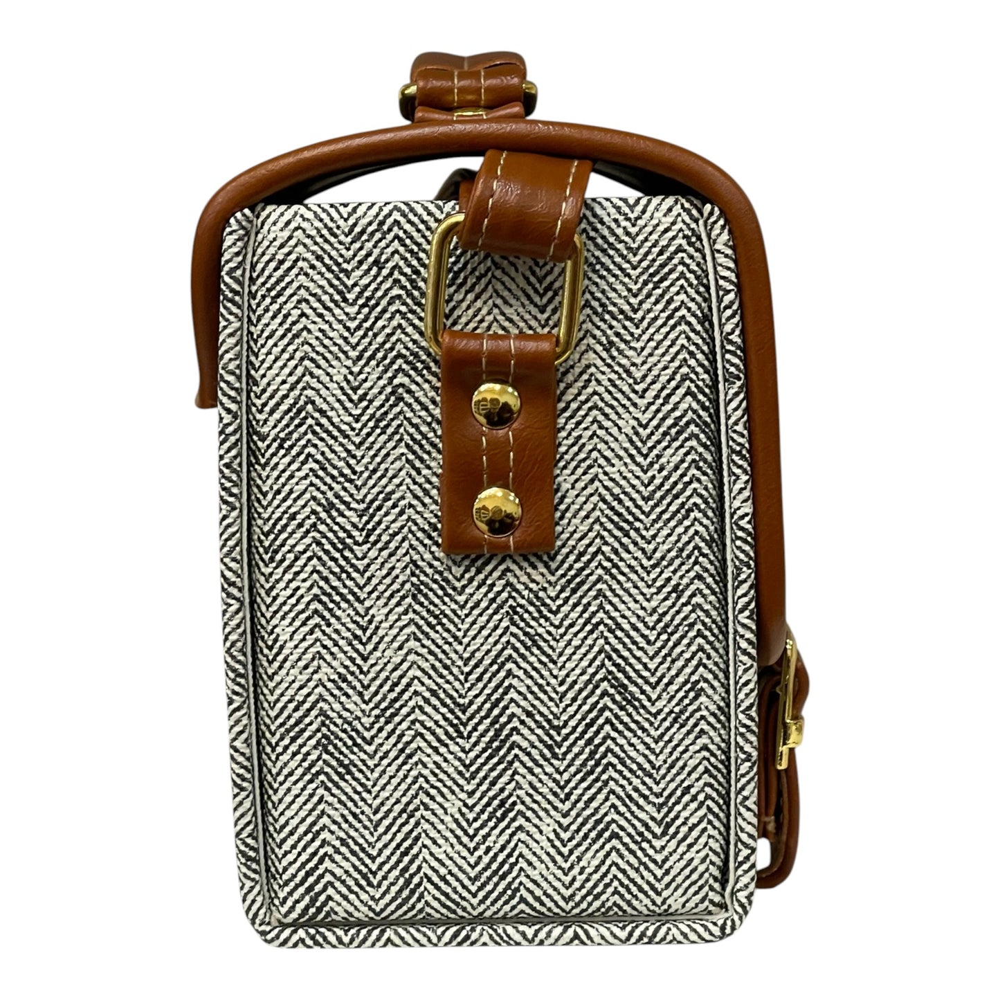 Handmade Vegan Leather Satchel – Navy & Tan with Herringbone Fabric | Elegant Crossbody Bag 21x14x9 cm