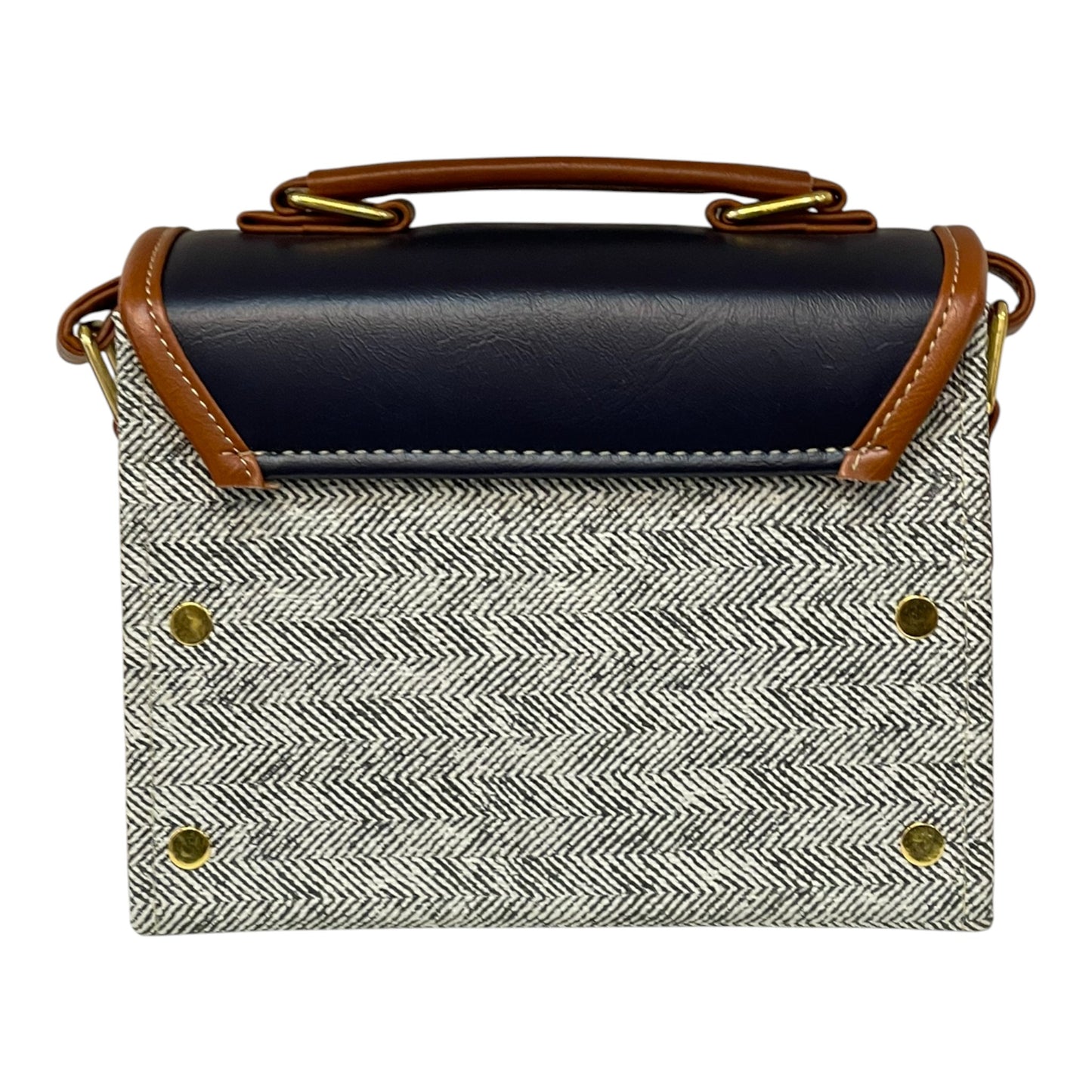 Handmade Vegan Leather Satchel – Navy & Tan with Herringbone Fabric | Elegant Crossbody Bag 21x14x9 cm