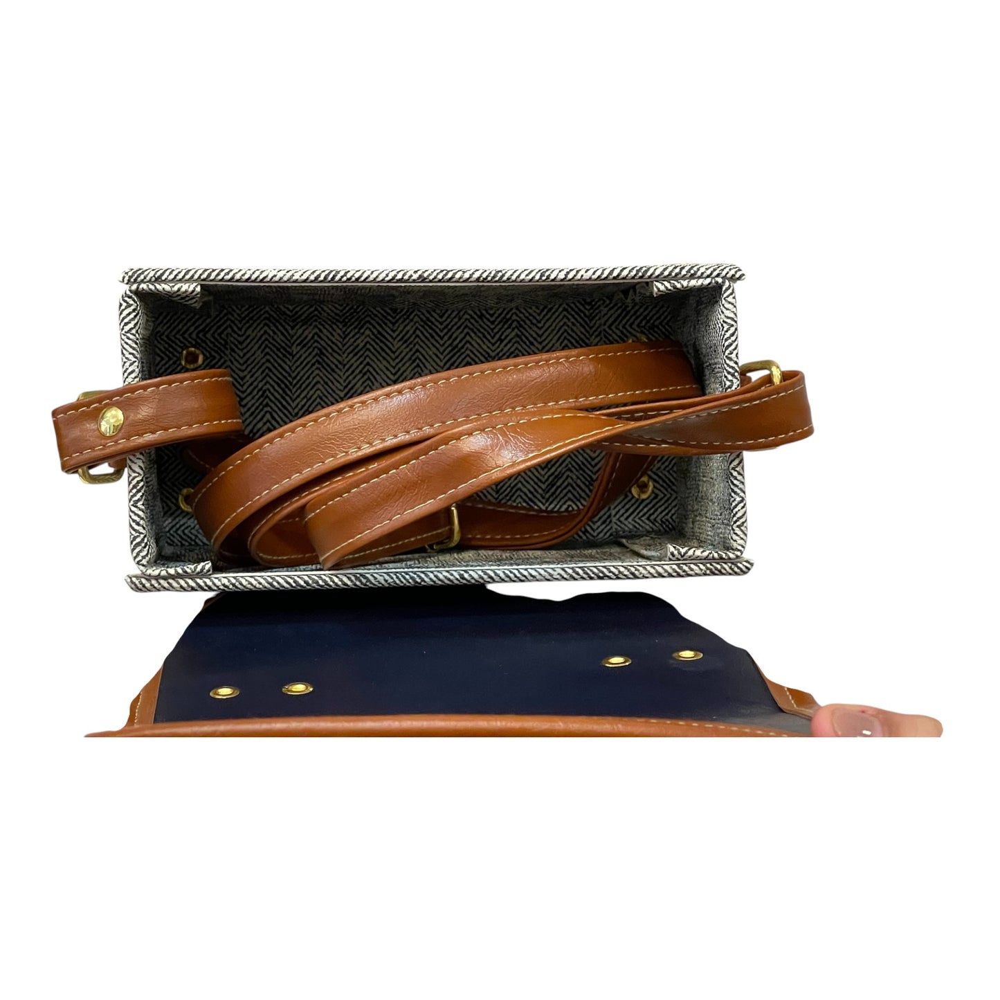 Handmade Vegan Leather Satchel – Navy & Tan with Herringbone Fabric | Elegant Crossbody Bag 21x14x9 cm