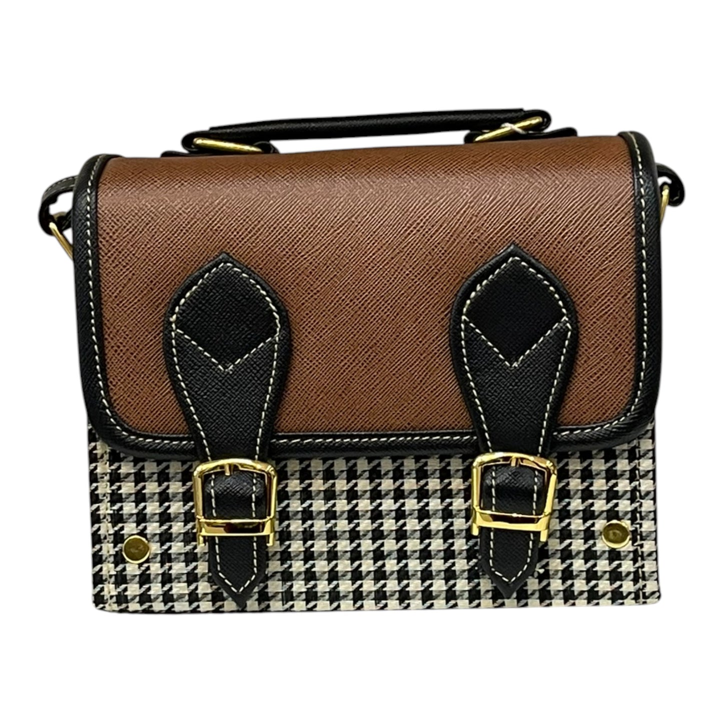 Handmade Vegan Leather Satchel Bag – Brown & Houndstooth, 21x14x9 cm | Vintage Crossbody Purse with Gold Accents