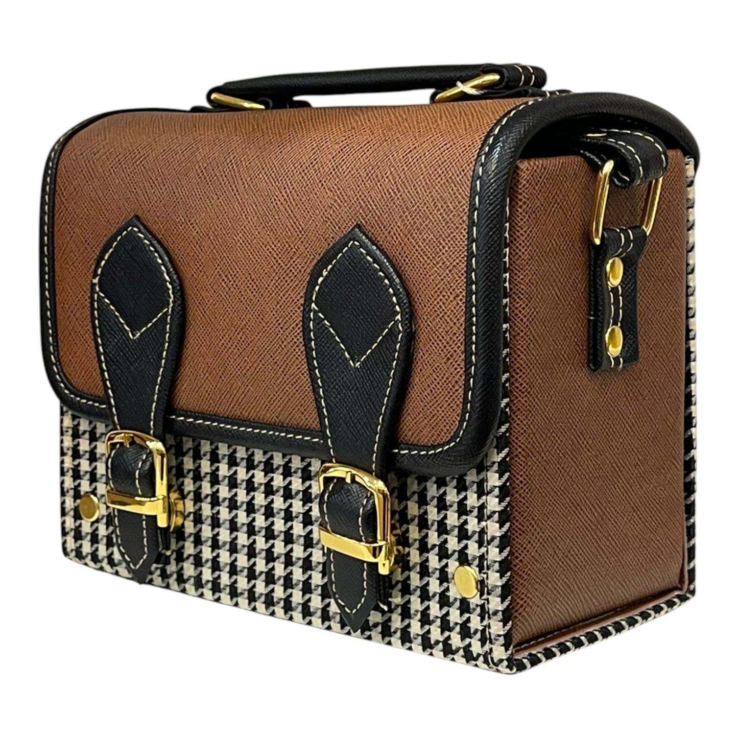 Handmade Vegan Leather Satchel Bag – Brown & Houndstooth, 21x14x9 cm | Vintage Crossbody Purse with Gold Accents