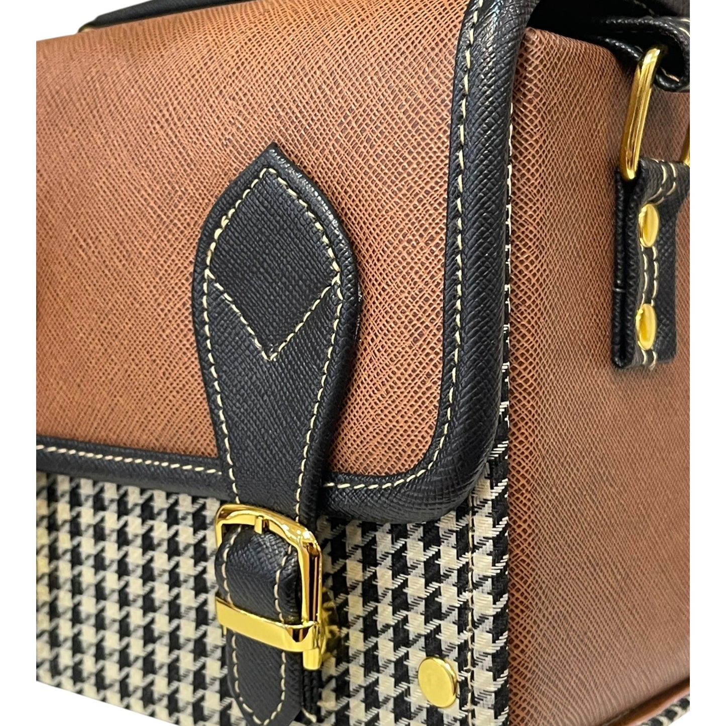 Handmade Vegan Leather Satchel Bag – Brown & Houndstooth, 21x14x9 cm | Vintage Crossbody Purse with Gold Accents