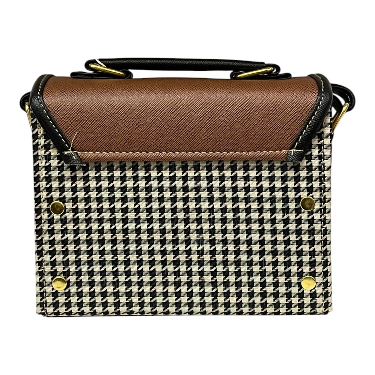 Handmade Vegan Leather Satchel Bag – Brown & Houndstooth, 21x14x9 cm | Vintage Crossbody Purse with Gold Accents