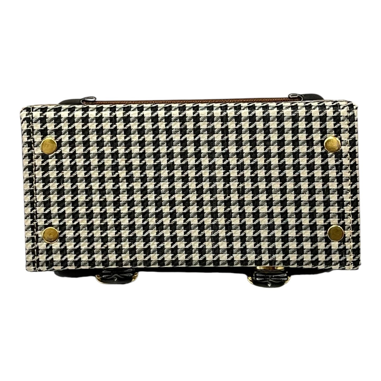 Handmade Vegan Leather Satchel Bag – Brown & Houndstooth, 21x14x9 cm | Vintage Crossbody Purse with Gold Accents