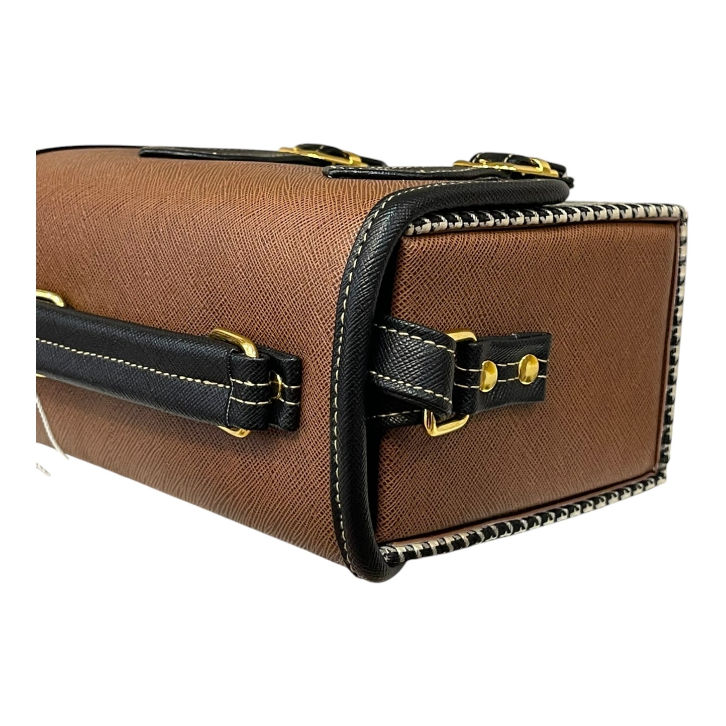 Handmade Vegan Leather Satchel Bag – Brown & Houndstooth, 21x14x9 cm | Vintage Crossbody Purse with Gold Accents