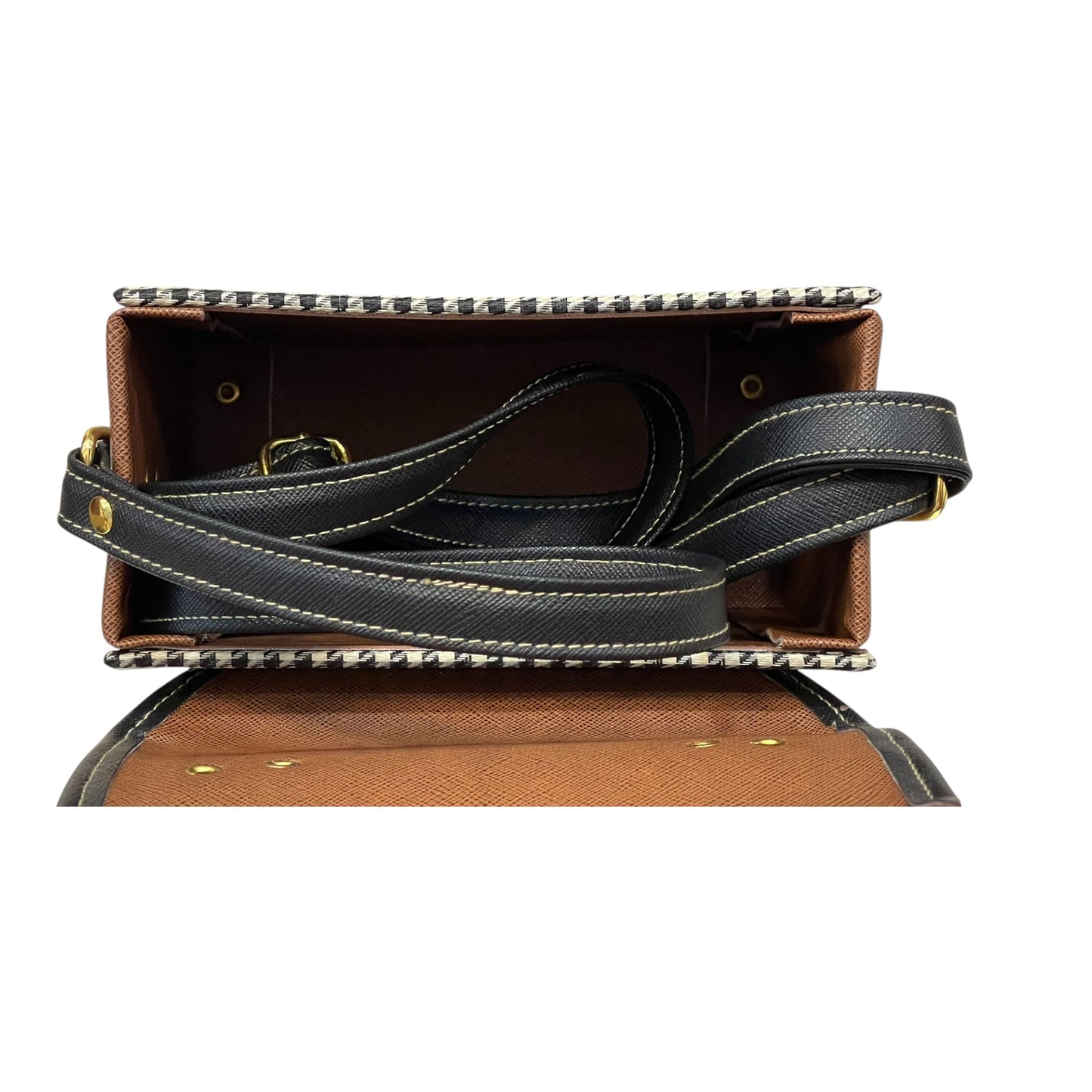 Handmade Vegan Leather Satchel Bag – Brown & Houndstooth, 21x14x9 cm | Vintage Crossbody Purse with Gold Accents