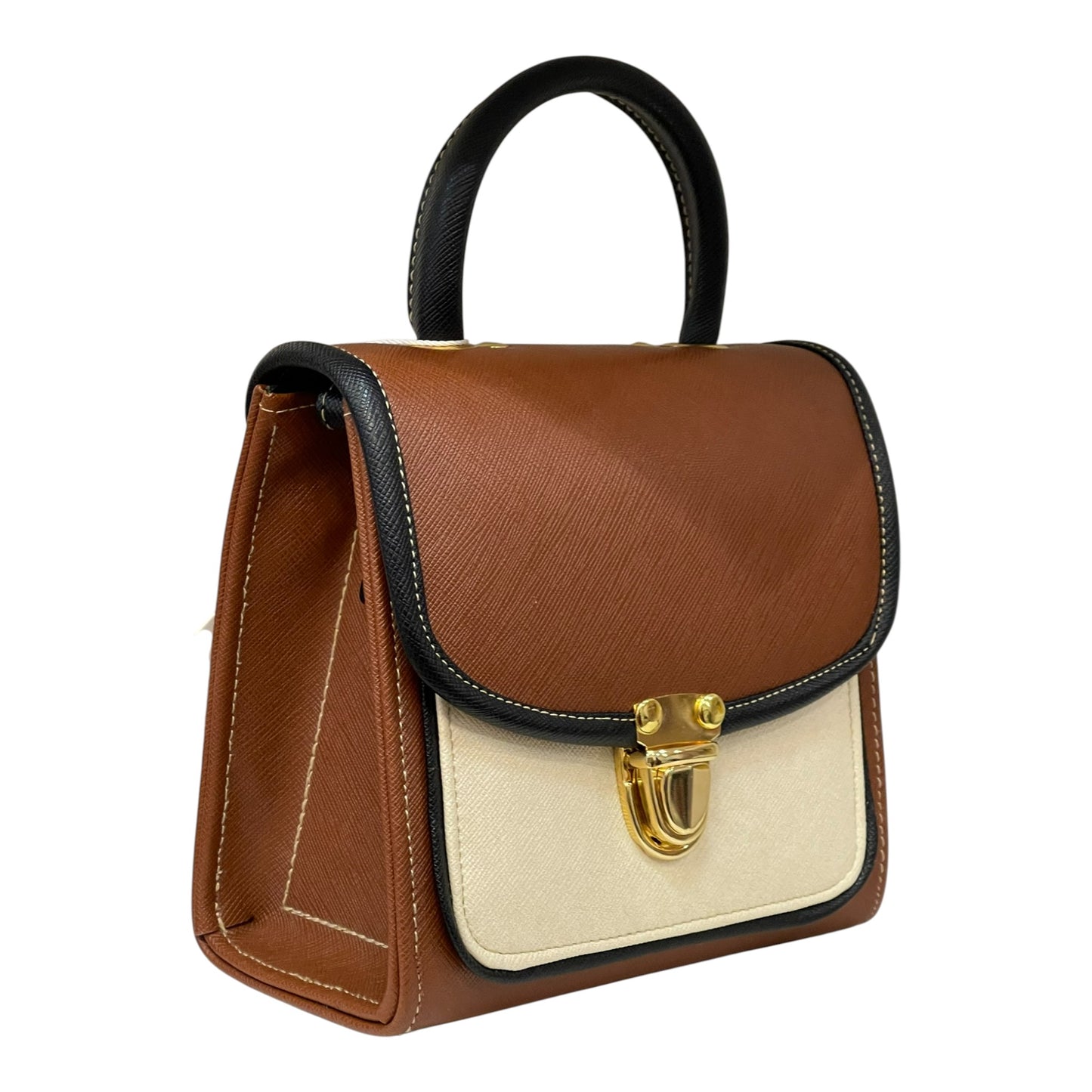 Handmade French Vegan Leather Handbag – Brown & Cream with Gold Clasp (16×16×9 cm)