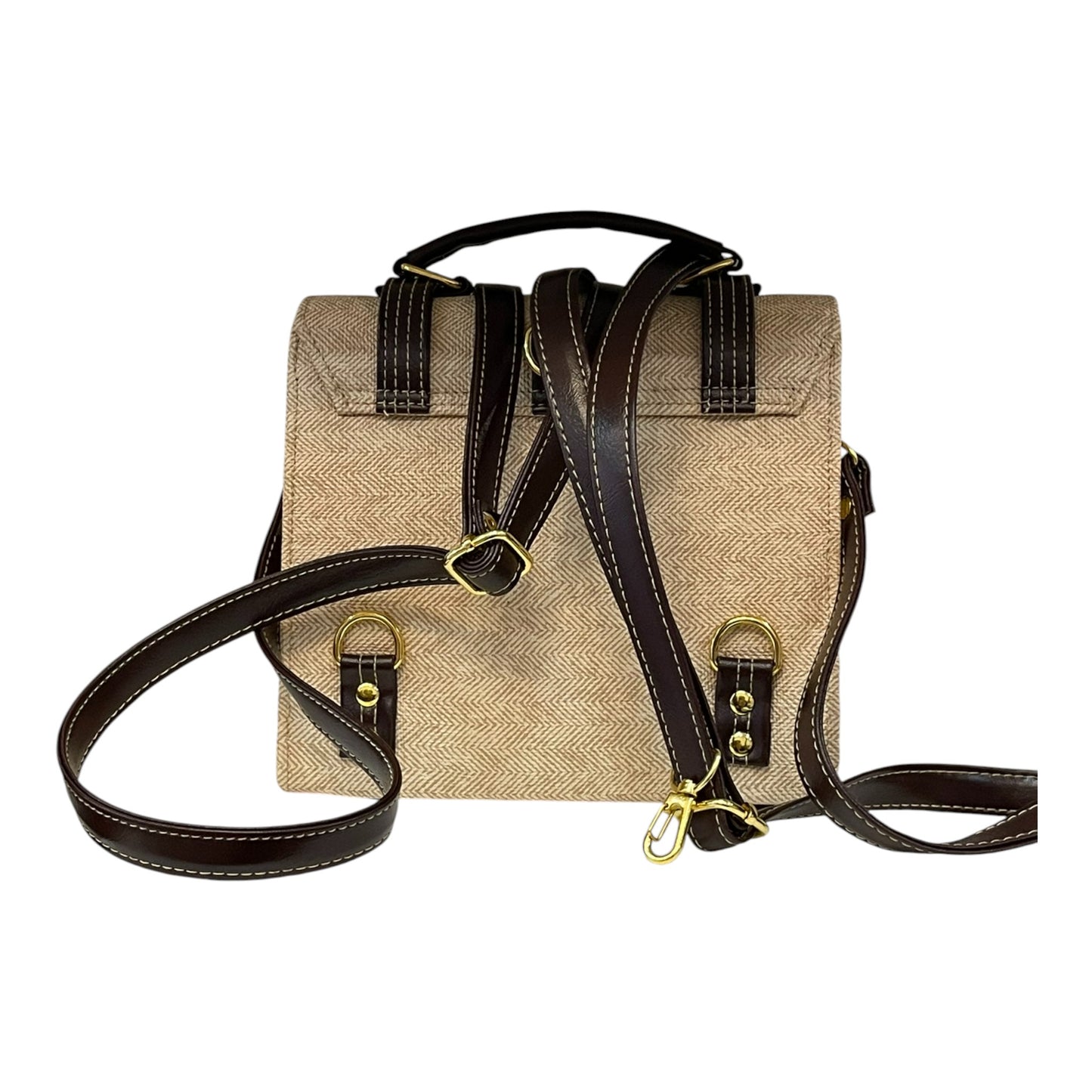 Handmade Vegan Leather & Canvas Satchel Bag – Beige and Dark Brown Vintage Design | 23x16x10 cm