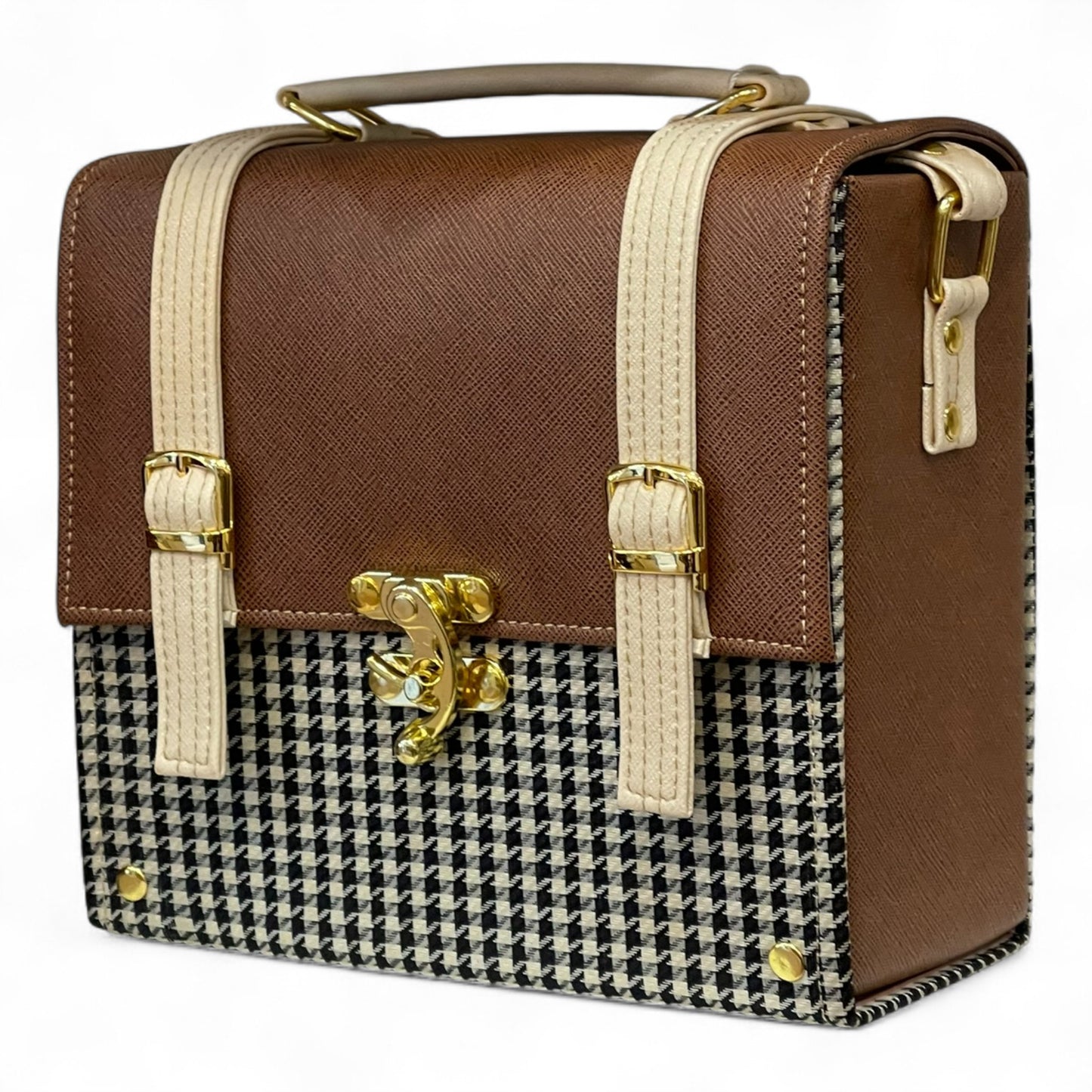 Handmade French Vegan Leather Handbag – Brown & Houndstooth with Cream Straps (21×14×9 cm)