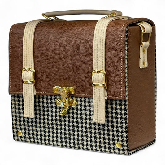 Handmade French Vegan Leather Handbag – Brown & Houndstooth with Cream Straps (21×14×9 cm)