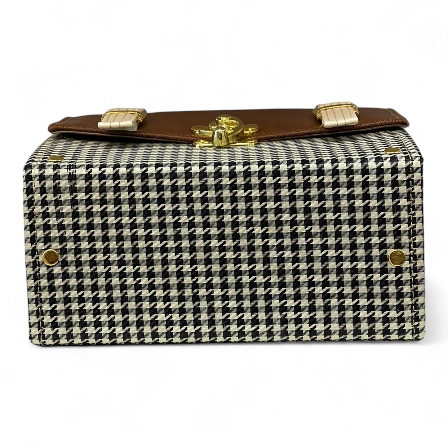 Handmade French Vegan Leather Handbag – Brown & Houndstooth with Cream Straps (21×14×9 cm)