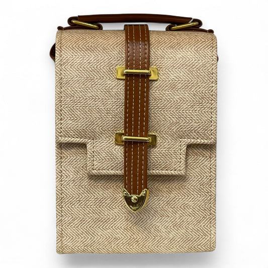 Handmade French Vegan Leather Handbag – Minimal Beige & Tan Gold Accent (19×13×9 cm)