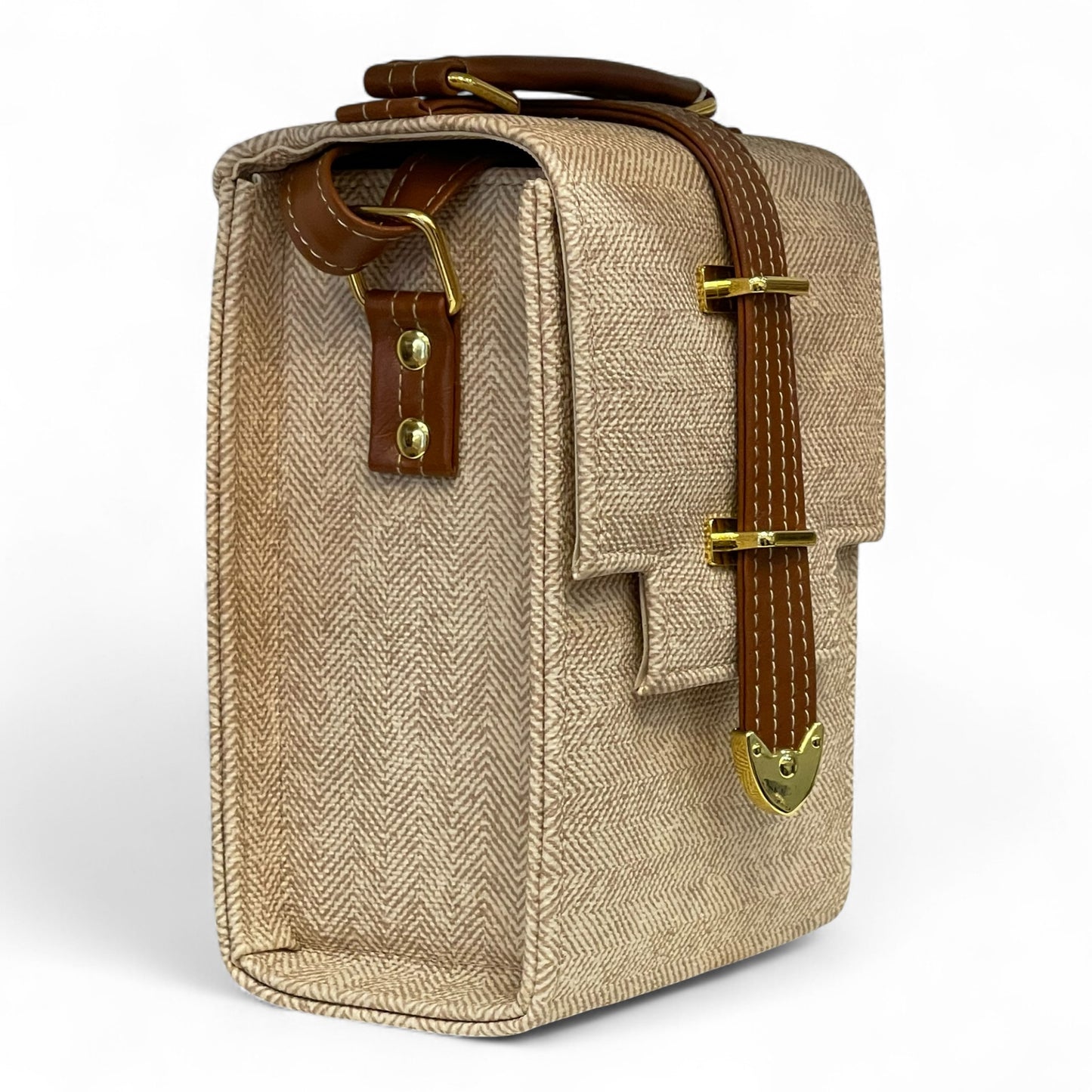 Handmade French Vegan Leather Handbag – Minimal Beige & Tan Gold Accent (19×13×9 cm)