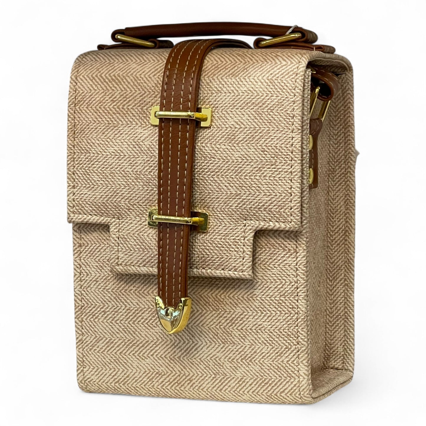 Handmade French Vegan Leather Handbag – Minimal Beige & Tan Gold Accent (19×13×9 cm)