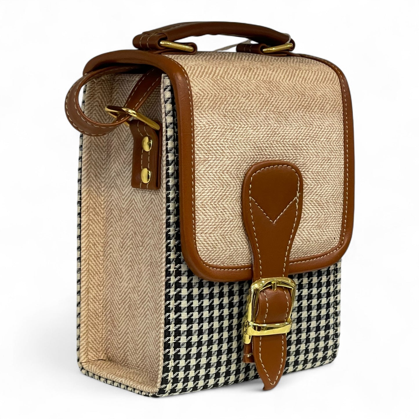 Handmade French Vegan Leather Handbag – Houndstooth & Tan Buckle Design (16×13×10 cm)