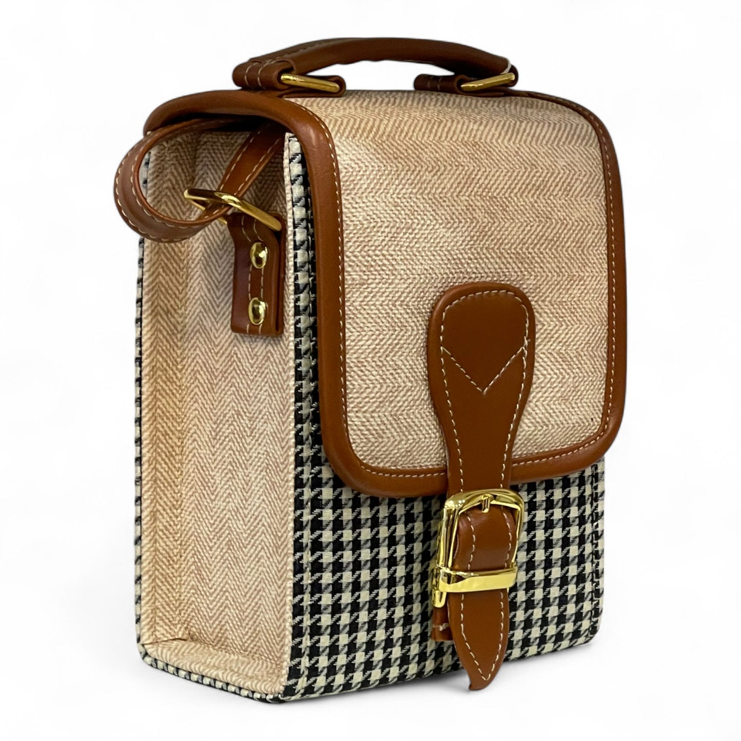 Handmade French Vegan Leather Handbag – Houndstooth & Tan Buckle Design (16×13×10 cm)