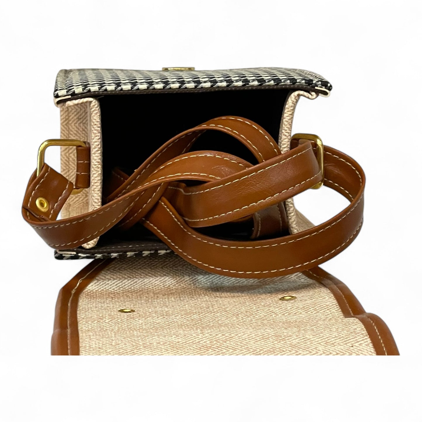 Handmade French Vegan Leather Handbag – Houndstooth & Tan Buckle Design (16×13×10 cm)