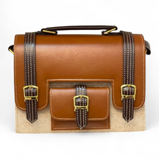 Handmade Vegan Leather Satchel Bag – Camel & Beige Two-Tone Classic Design (23x17x10 cm)