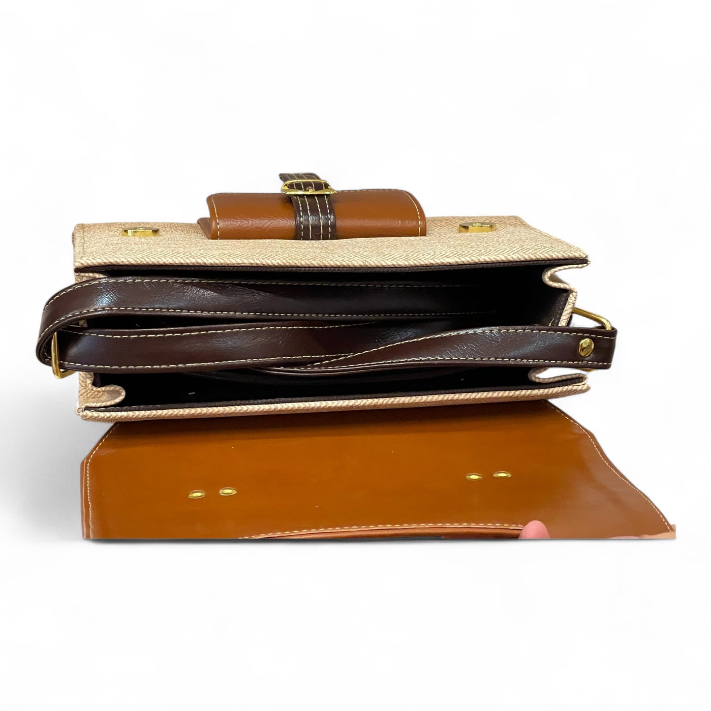 Handmade Vegan Leather Satchel Bag – Camel & Beige Two-Tone Classic Design (23x17x10 cm)