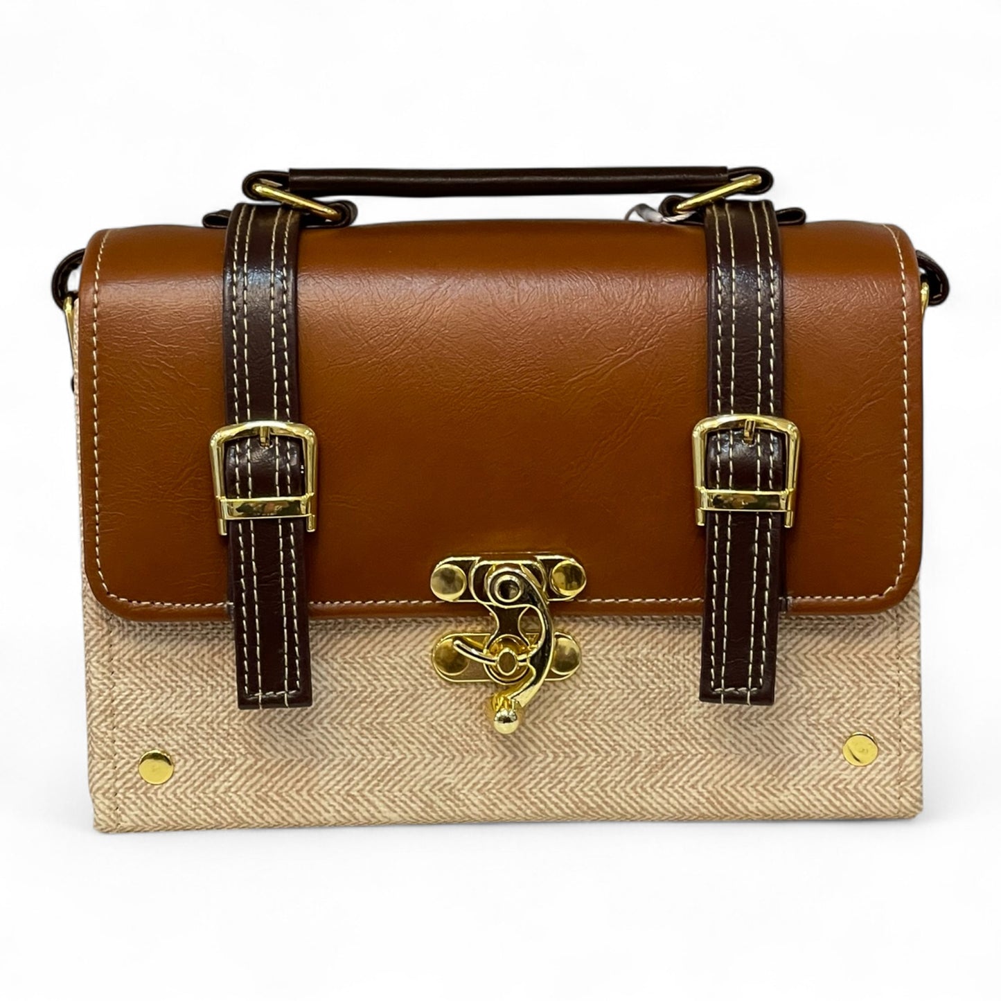 Handmade Vegan Leather Satchel Bag – Brown & Beige Canvas Crossbody with Gold Lock | 21x14x9 cm