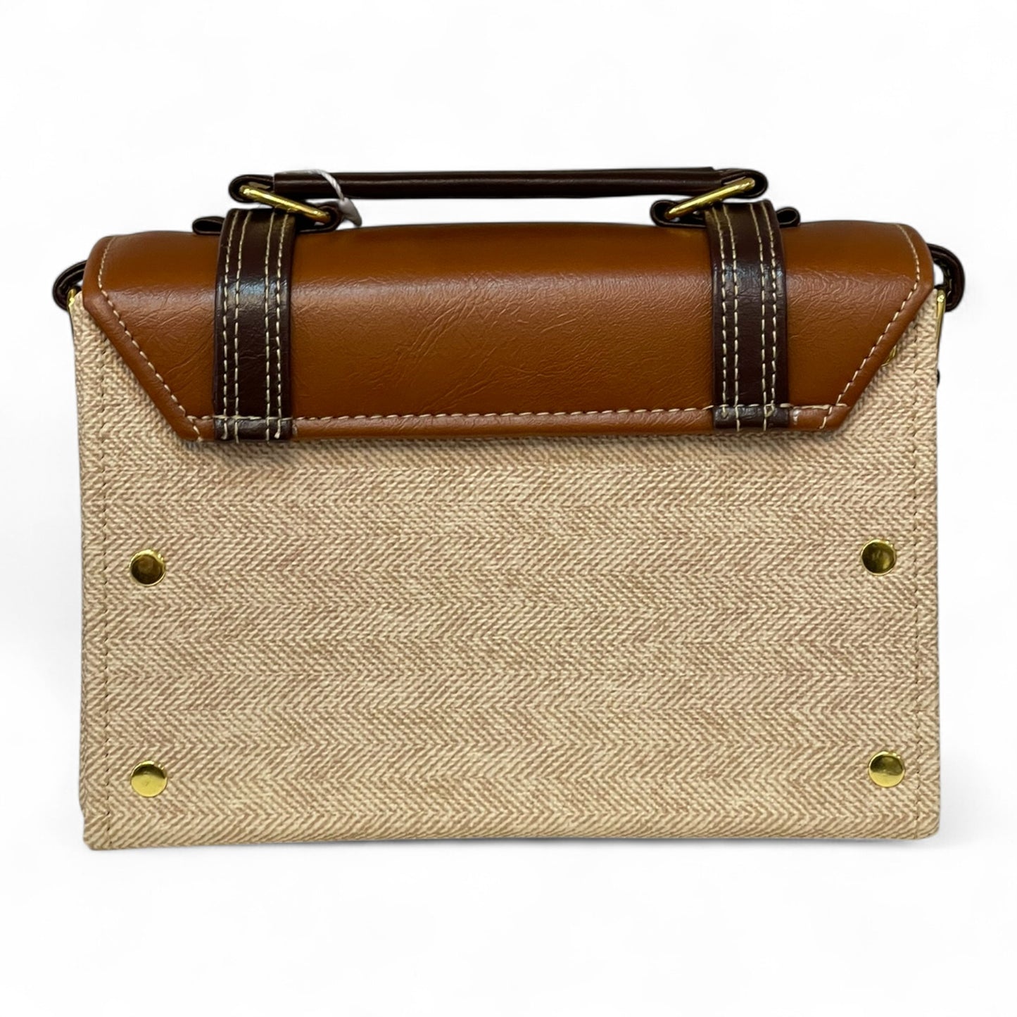 Handmade Vegan Leather Satchel Bag – Brown & Beige Canvas Crossbody with Gold Lock | 21x14x9 cm
