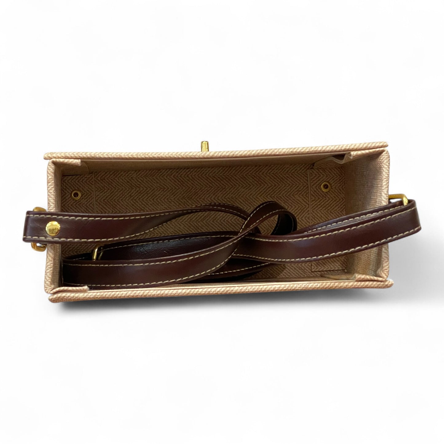 Handmade Vegan Leather Satchel Bag – Brown & Beige Canvas Crossbody with Gold Lock | 21x14x9 cm