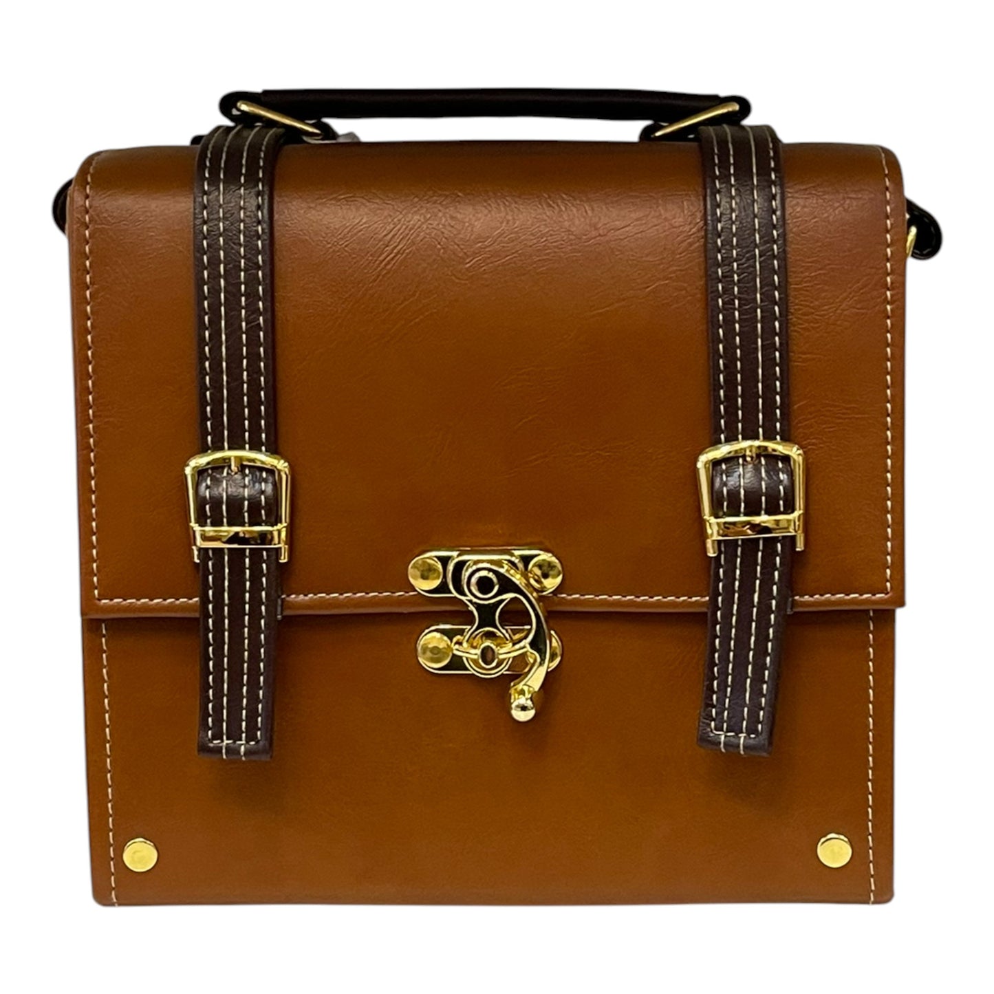 Handmade French Vegan Leather Handbag – Caramel Brown with Gold Lock Detail (21×19×10 cm)