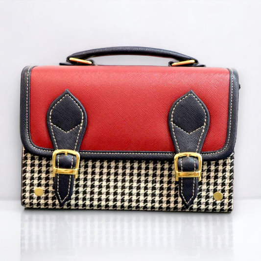 Handmade French Vegan Leather Handbag – Red & Houndstooth with Navy Buckle Straps (21×14×9 cm)