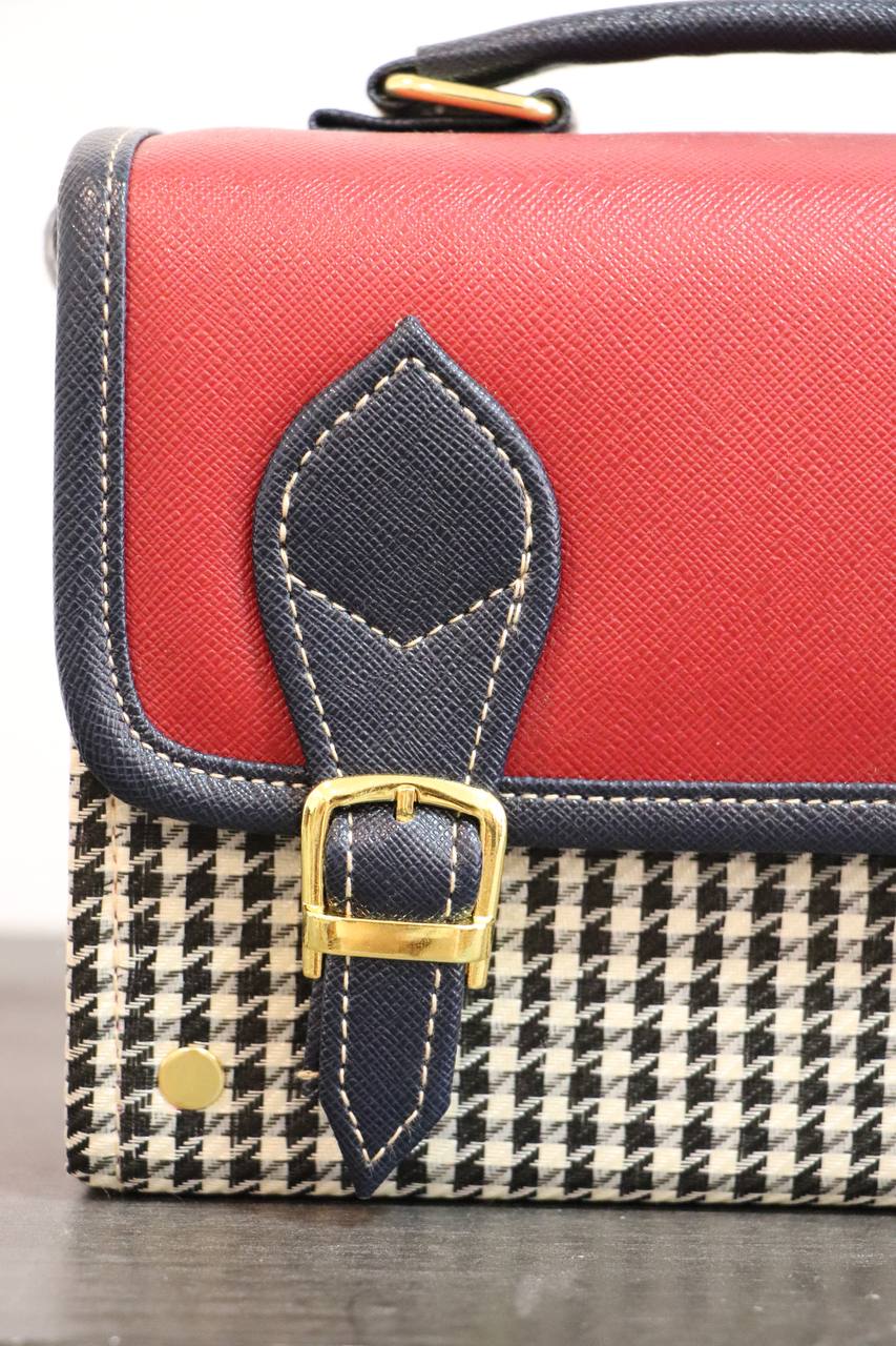 Handmade French Vegan Leather Handbag – Red & Houndstooth with Navy Buckle Straps (21×14×9 cm)