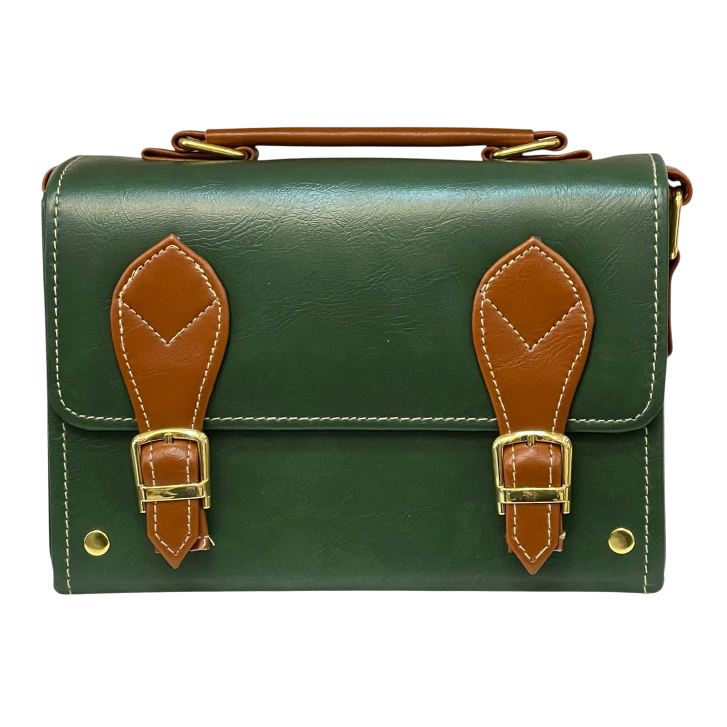 Handmade Green & Brown Vegan Leather Mini Satchel – Retro Crossbody Bag with Gold Buckles | 21x14x9 cm