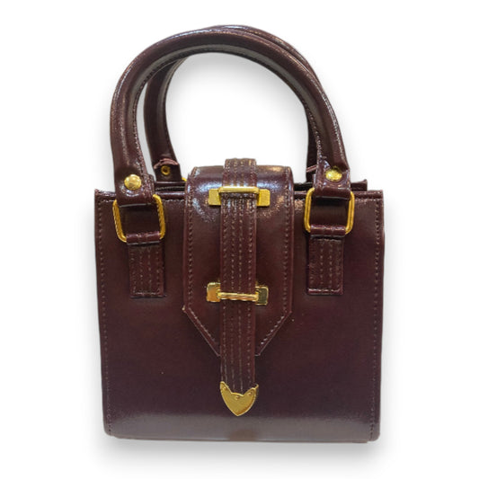 Handmade Mini Vegan Leather Tote Bag – Deep Brown with Gold Buckle Detail