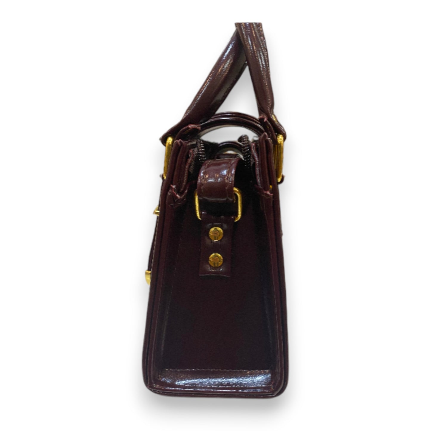 Handmade Mini Vegan Leather Tote Bag – Deep Brown with Gold Buckle Detail