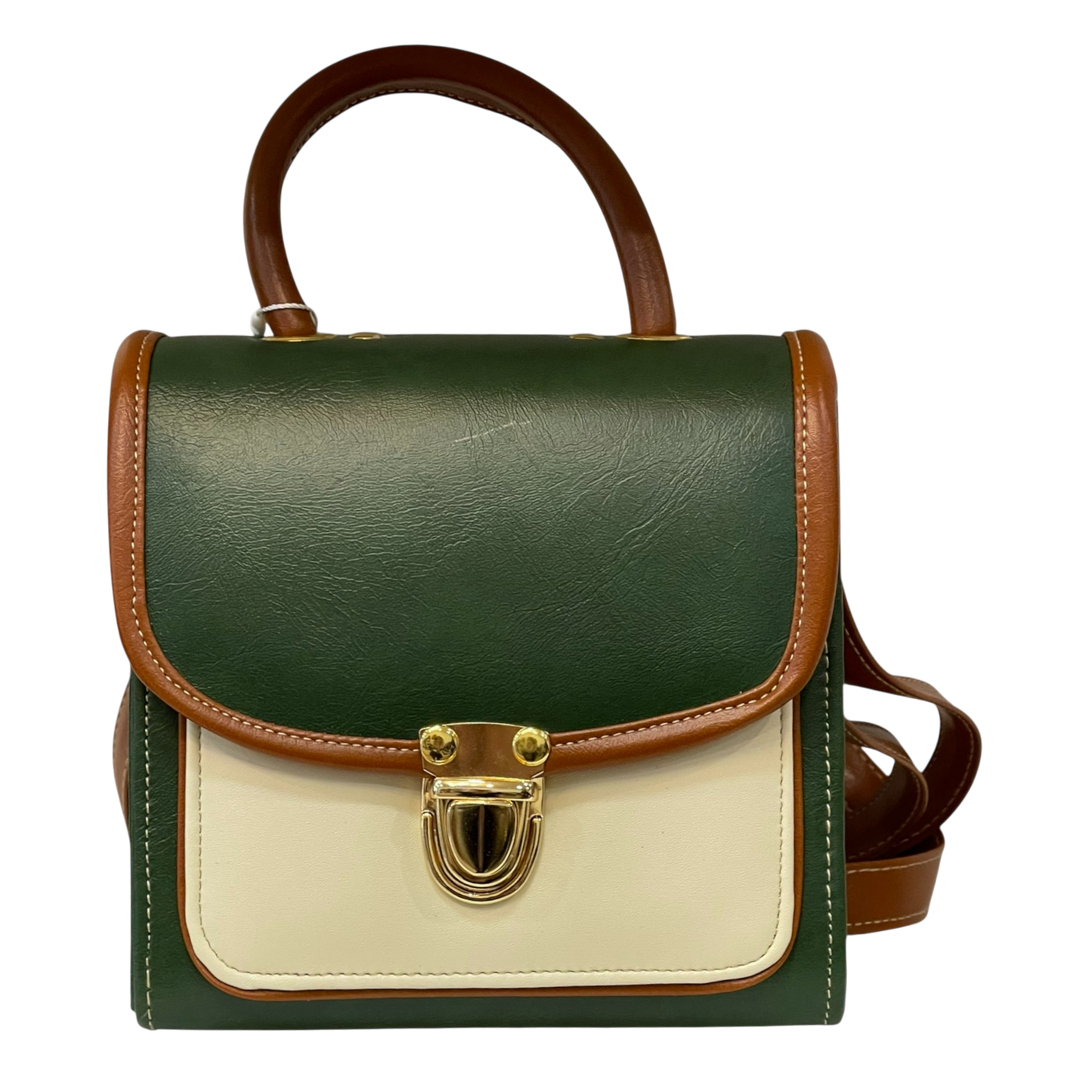 Handmade French Vegan Leather Handbag – Green, Cream & Brown Tricolor Design (16×16×9 cm)