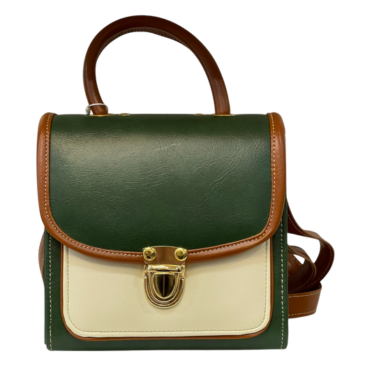 Handmade French Vegan Leather Handbag – Green, Cream & Brown Tricolor Design (16×16×9 cm)