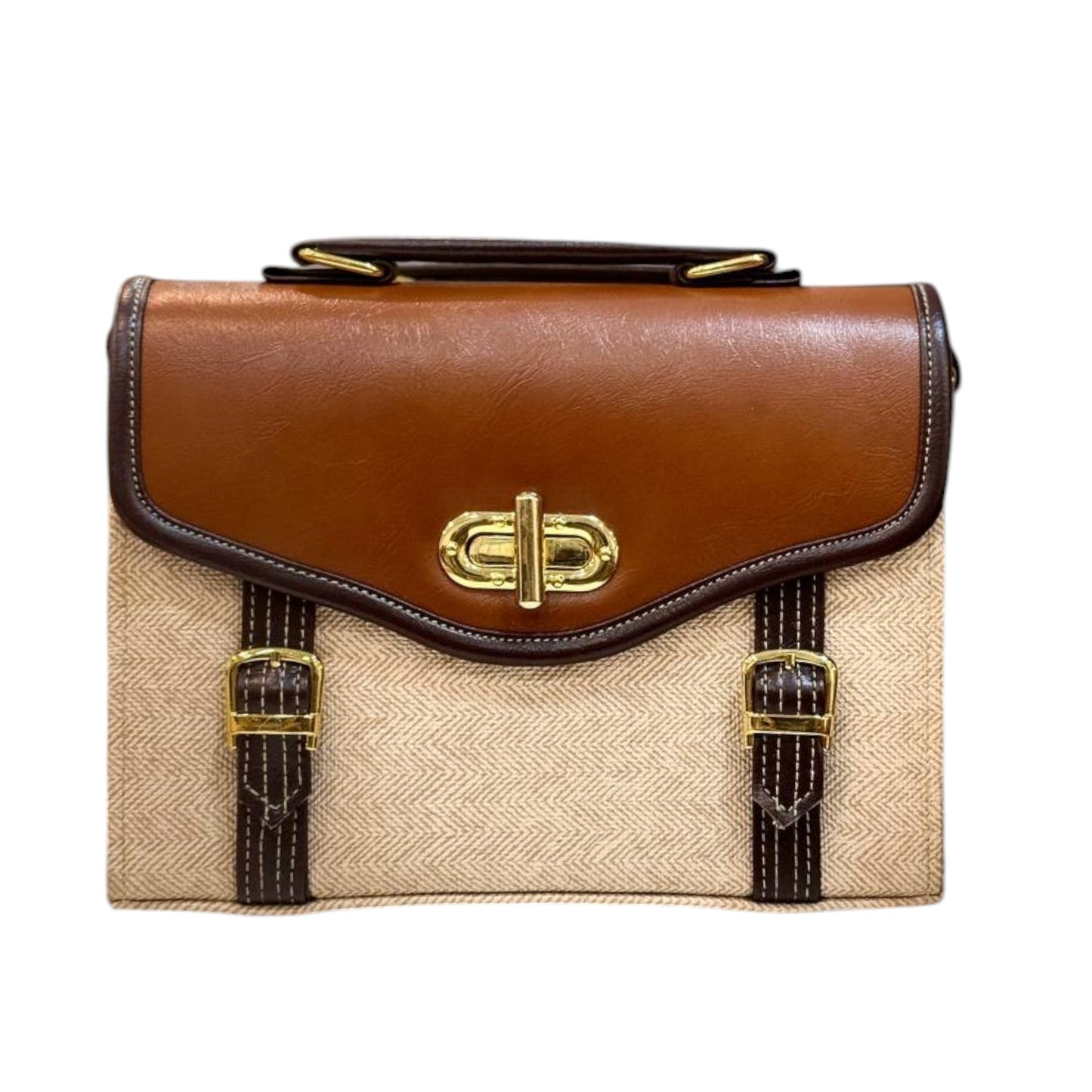 Classic Canvas & Leather Satchel Bag – Vintage Brown and Beige