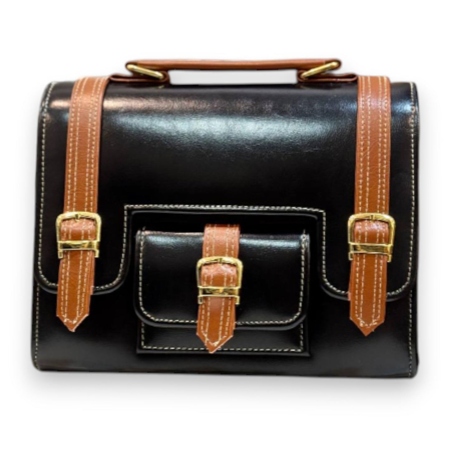 Handmade Black & Tan Vegan Leather Satchel – Structured Crossbody Bag with Gold Buckles | 23x17x10 cm