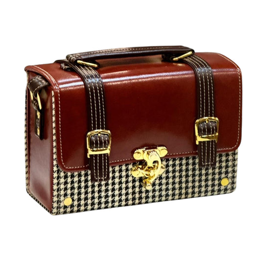 Handmade Vegan Leather Satchel Bag – Brown & Houndstooth Crossbody with Gold Vintage Lock | 21x14x9 cm