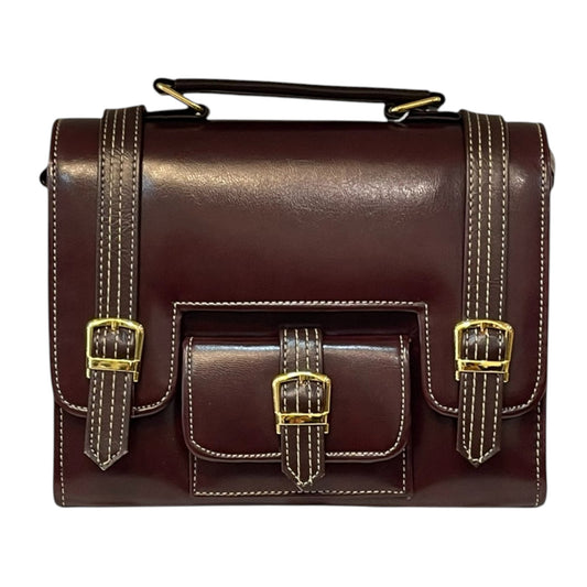 Handmade Vegan Leather Satchel – Deep Brown Classic Bag with Gold Buckles (23x17x10 cm)