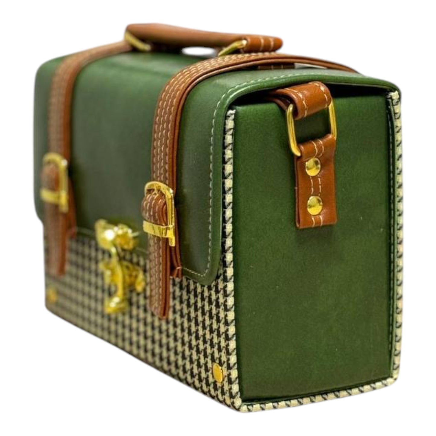 Handmade French Vegan Leather Handbag – Forest Green & Houndstooth with Tan Straps (21×15×9 cm)