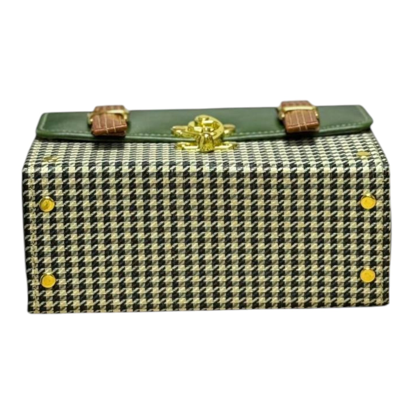 Handmade French Vegan Leather Handbag – Forest Green & Houndstooth with Tan Straps (21×15×9 cm)