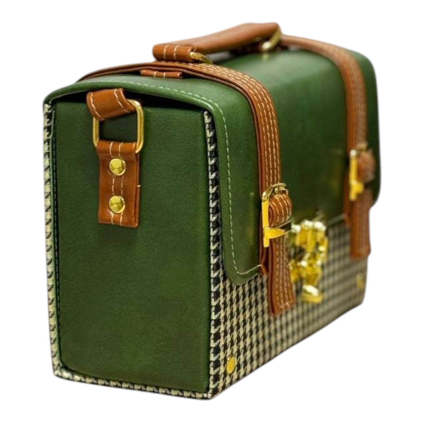 Handmade French Vegan Leather Handbag – Forest Green & Houndstooth with Tan Straps (21×15×9 cm)