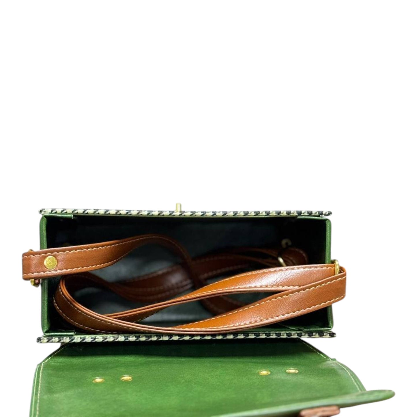 Handmade French Vegan Leather Handbag – Forest Green & Houndstooth with Tan Straps (21×15×9 cm)
