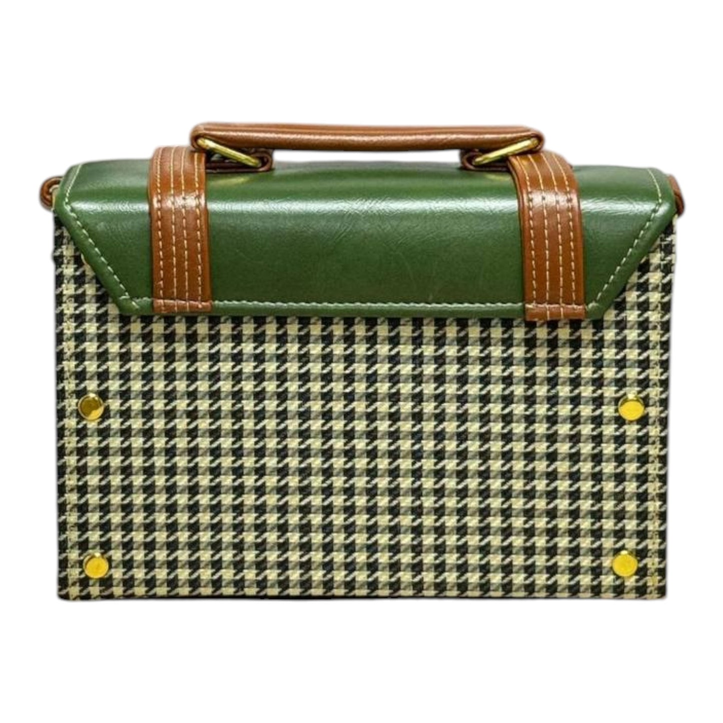 Handmade French Vegan Leather Handbag – Forest Green & Houndstooth with Tan Straps (21×15×9 cm)