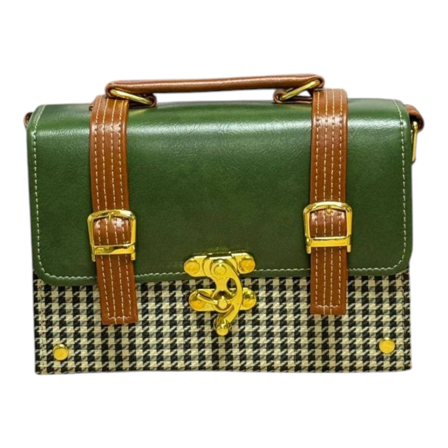 Handmade French Vegan Leather Handbag – Forest Green & Houndstooth with Tan Straps (21×15×9 cm)