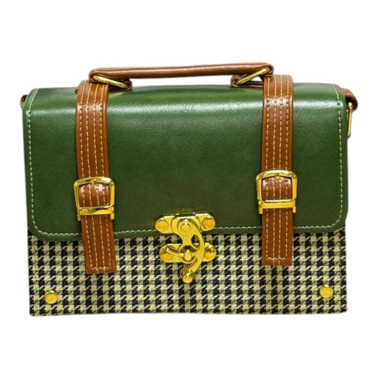 Handmade French Vegan Leather Handbag – Forest Green & Houndstooth with Tan Straps (21×15×9 cm)