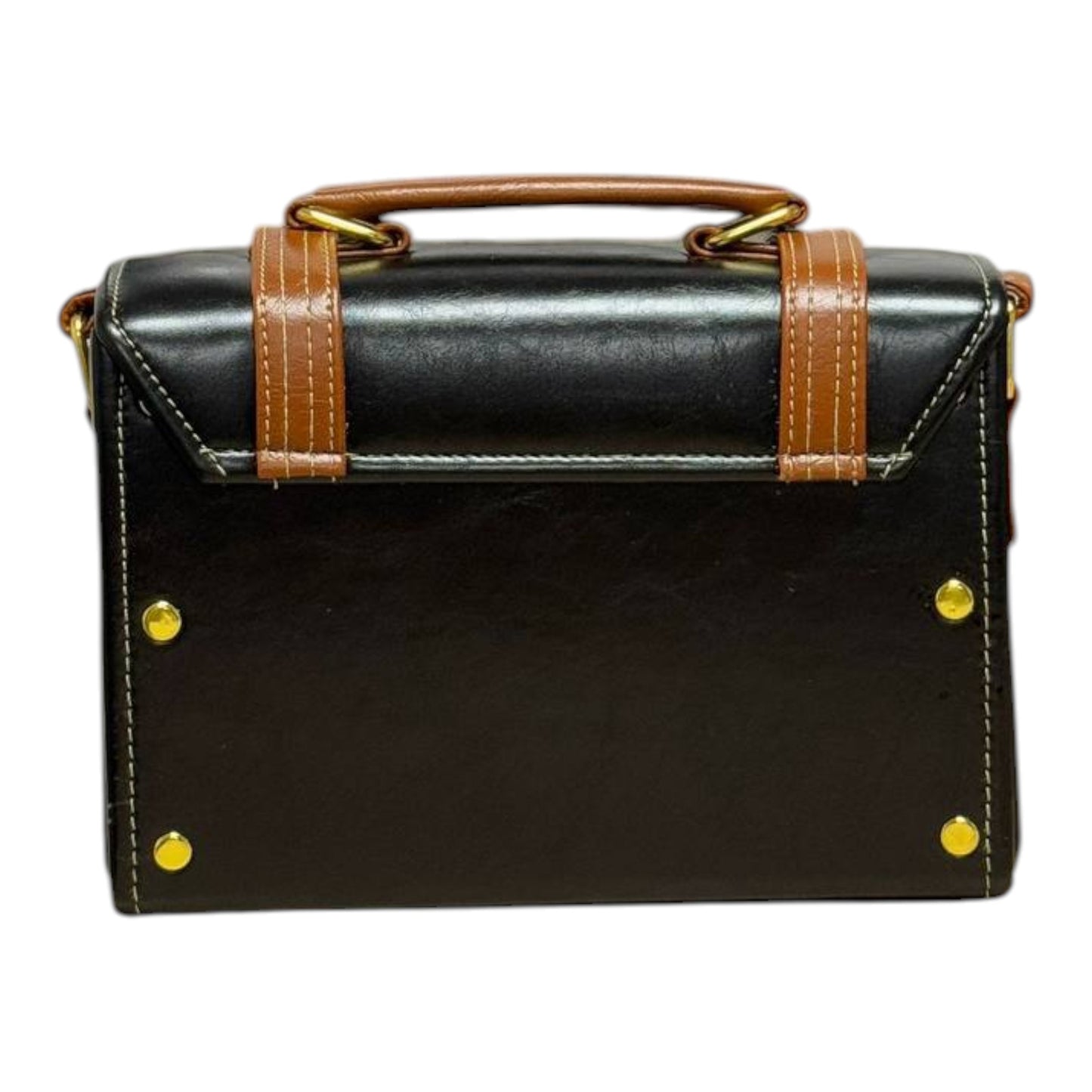 Handmade Vegan Leather Box Bag – Black & Caramel Brown (21x15x9 cm)