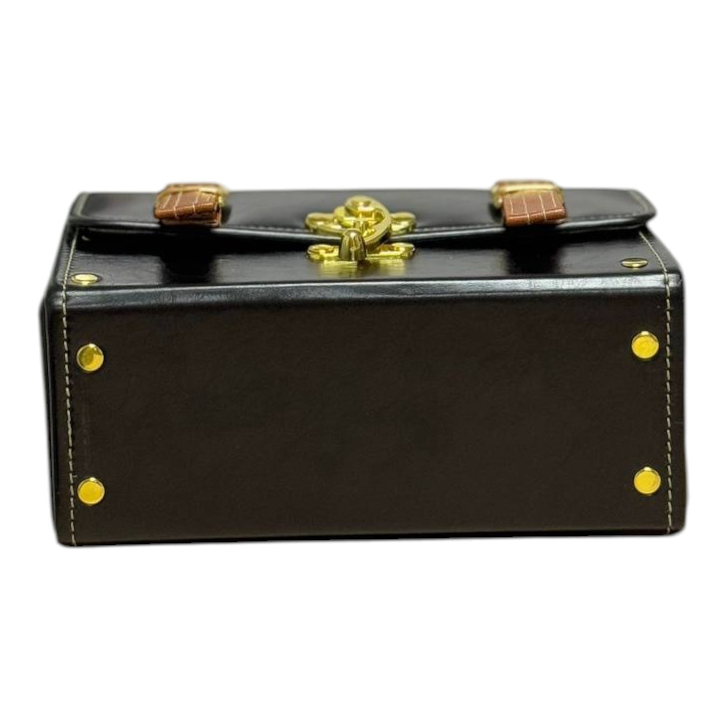 Handmade Vegan Leather Box Bag – Black & Caramel Brown (21x15x9 cm)