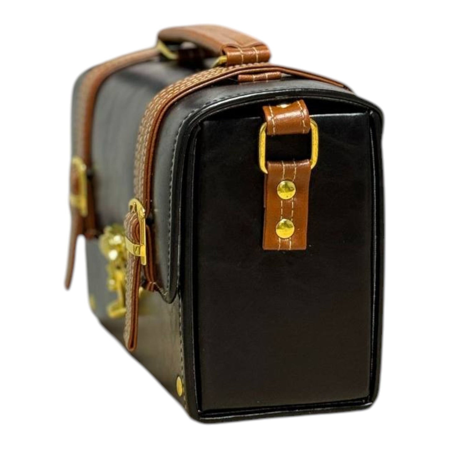 Handmade Vegan Leather Box Bag – Black & Caramel Brown (21x15x9 cm)