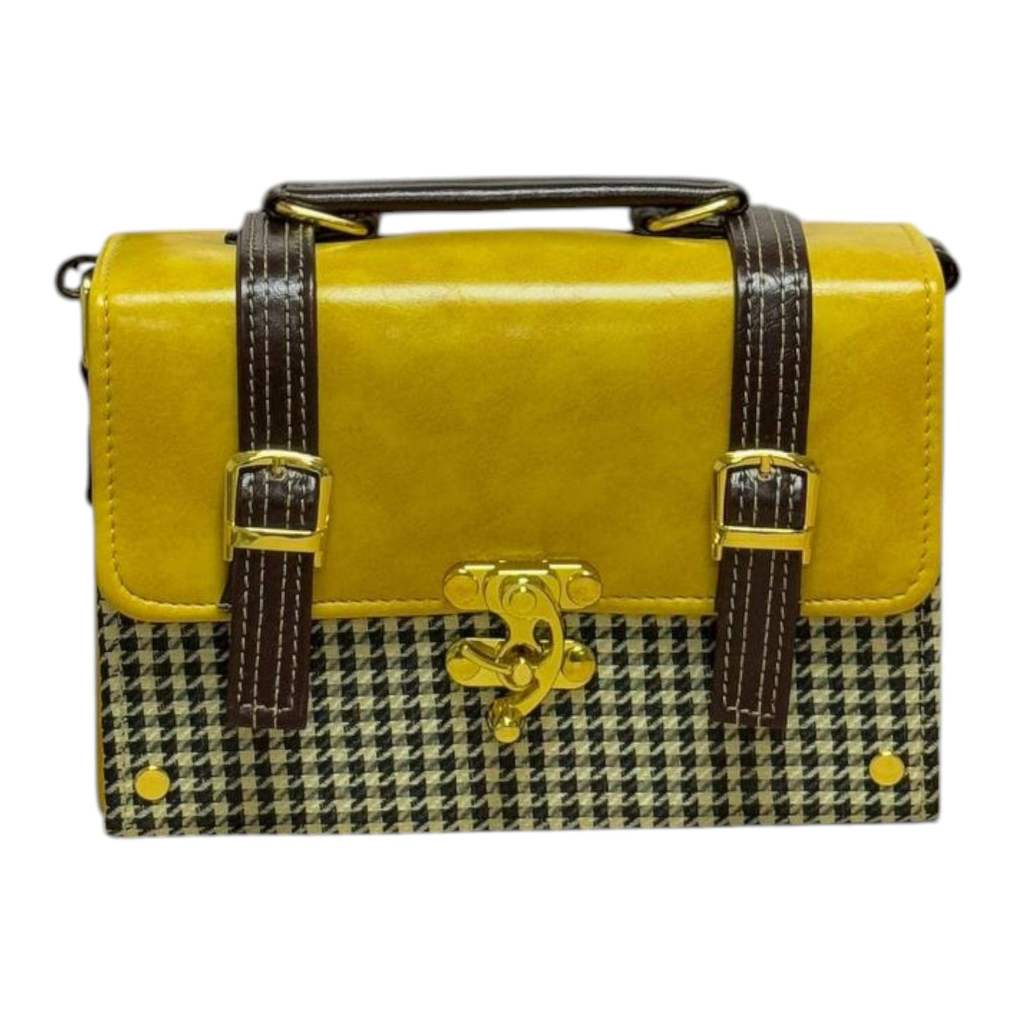 Handmade Vegan Leather Satchel – Mustard & Brown with Houndstooth Fabric | Classic Crossbody Bag 21x15x9 cm